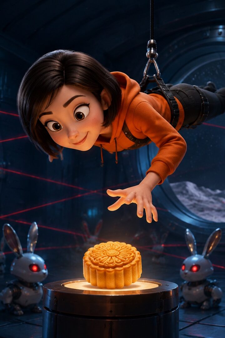 A cartoon heroine reaching for a mooncake in a laser-filled vault